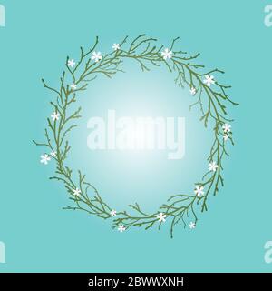 Wreath from branches, twigs and white flowers on light blue background. Spring garland and spring sky. Hello spring greeting cards. Vector illustratio Stock Vector