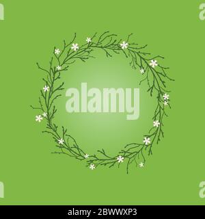 Wreath from branches, twigs and white flowers on green background. Spring garland with text. Hello spring greeting cards. Vector illustration. Stock Vector