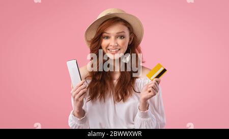 Happy Girl Holding Smartphone And Credit Card, Pink Background, Panorama Stock Photo