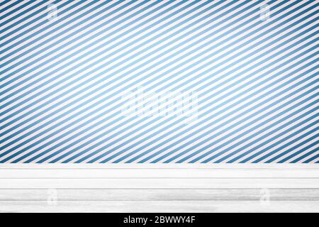 White Wood Table with Sky Blue and White Stripes in Diagonal Pattern Background, Suitable for Product Display and Business Concept. Stock Photo