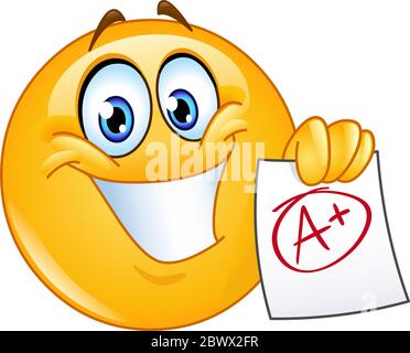 Happy emoticon showing a paper with perfect grade a plus Stock Vector