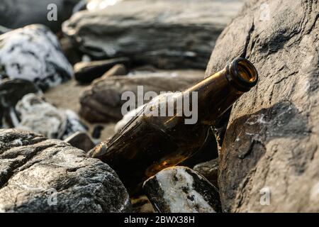 Empty glass beer bottle on rocky sea shore,polluted coast in cilento,italy Stock Photo