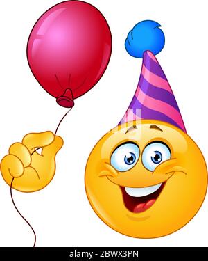 Birthday emoticon with party hat holding a balloon Stock Vector