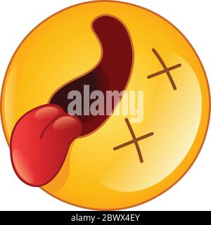 Dead emoji emoticon lying on his back with open mouth tongue out and cross eyes Stock Vector