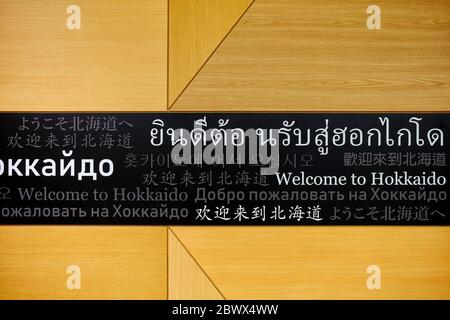 SAPPORO, JAPAN - NOVEMBER 09, 2019: Welcome to Hokkaido Sign in Multi-language at at New Chitose Airport where is the largest airport in Hokkaido, Jap Stock Photo