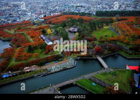 Top View of Goryokaku Fort in the Autumn where is a Famous Tourist Attraction in Hokkaido, Japan. Stock Photo