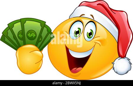 Emoticon wearing Santa hat and holding dollar bills Stock Vector