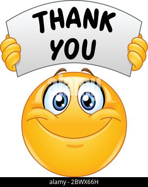Happy emoji emoticon holding a sign with the text thank you Stock Vector