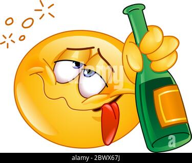 Drunk emoticon holding an alcoholic drink bottle Stock Vector