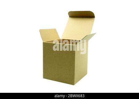 Opened Cardboard Cube Box Isolated on White Background. Stock Photo