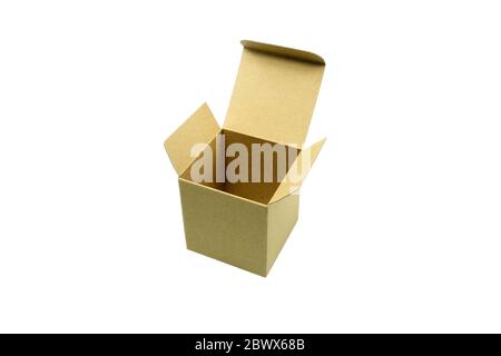 Opened Cardboard Cube Box Isolated on White Background. Stock Photo