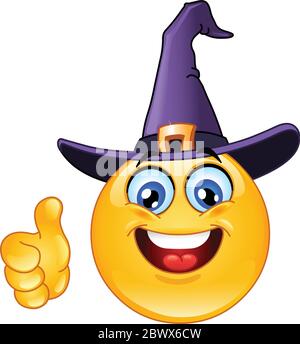 Emoticon with witch hat showing thumb up Stock Vector