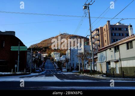 HAKODATE, JAPAN - NOVEMBER 15, 2019: Scenery of Mount Hakodate ropeway in the winter where is a famous tourist attraction in Hokkaido, Japan. Stock Photo