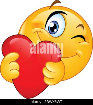 Winking emoticon hugging a red heart Stock Vector
