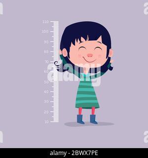 Little girl measuring height near white wall. Vector illustration. Stock Vector