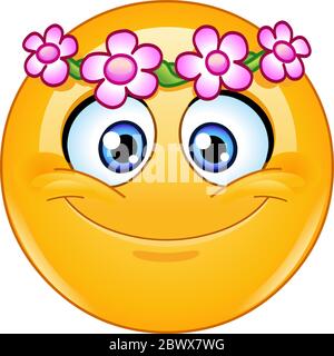 Happy emoji emoticon with flower head wreath Stock Vector