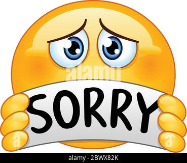 Sad apologizing emoticon holding a sign with the text sorry Stock Vector