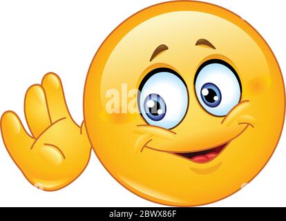 Emoticon holds his hand near his head and listening something Stock Vector