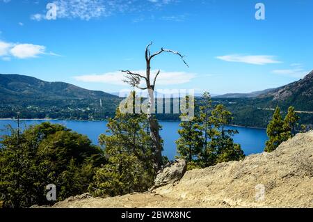 Mountain landscape with a lake in the middle and pine trees surroundin Stock Photo