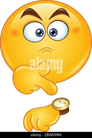 Emoticon pointing at watch Stock Vector