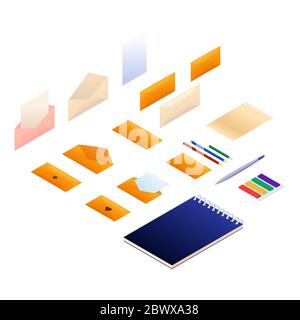 set of supplies for writing. stationery isometric style vector illustration. envelopes and pencils isolated on white. Stock Vector