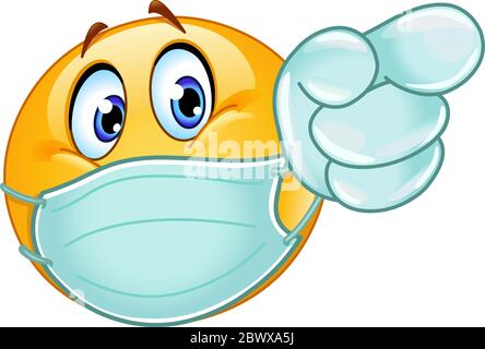 Emoji emoticon with medical mask over mouth and disposable gloves pointing forward Stock Vector
