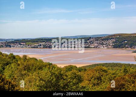 Ariel view from Arnside Knot Cumbria of Grange over Sands over the Kent estuary at the seaside  resort of Arnside Stock Photo