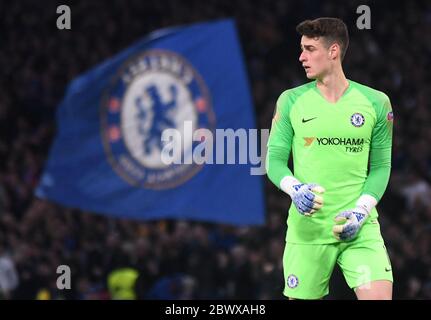 LONDON, ENGLAND - APRIL 18, 2019: Kepa Arrizabalaga of Chelsea pictured during the second leg of the 2018/19 UEFA Europa League Quarter-Finals game between Chelsea FC (England) and SK Slavia Praha (Czech Republic) at Stamford Bridge.