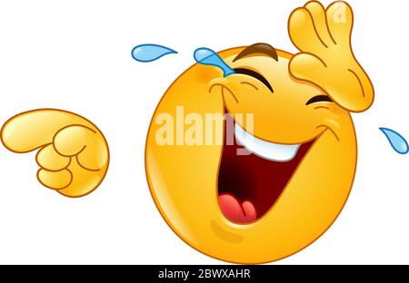 Emoticon laughing and wiping tears away while pointing at something or someone with his other hand Stock Vector
