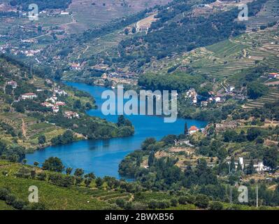 Douro River in the valley surrounded by terraced vineyards along the Douro region of Northern Portugal Stock Photo