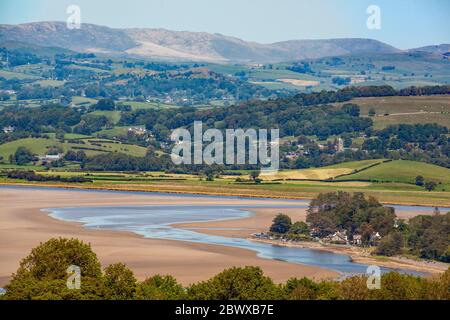 Ariel view  taken from  Arnside Knot above of the Cumbria village of Silverdale sitting on the Kent Estuary with the Lake district in the background Stock Photo