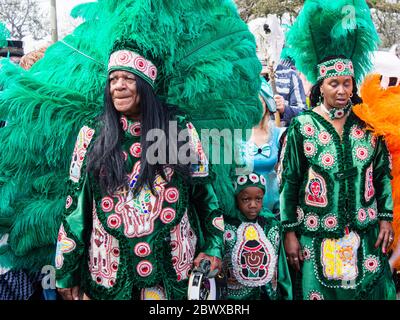 Chief Monk Boudreaux of the Golden Eagles, and his family, at LaSalle Street on Super Sunday in New Orleans, Louisiana, USA Stock Photo