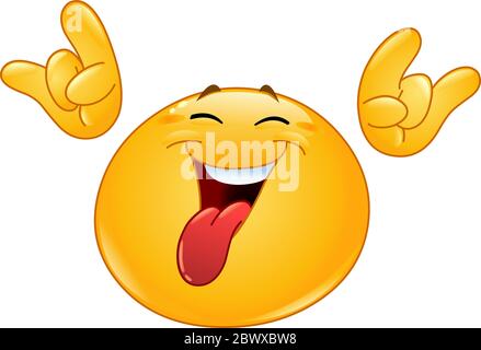 Rock it emoticon with tongue out showing hock ‘em devil’s horns sign with both hands Stock Vector