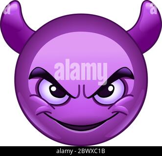 Smiling face with horns. Purple devil emoticon. Stock Vector