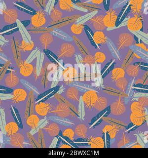 boho feathers seamless vector pattern on lilac Stock Vector