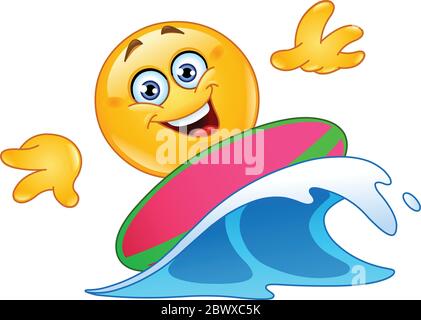 Surfing emoticon on blue ocean waveemo Stock Vector