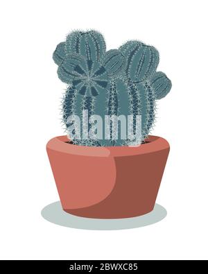 Big cactus ball in a red ceramic pot, decorative desert plant called notocactus or eriocactus. Vector illustartion Stock Vector