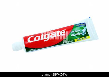 BANGKOK, THAILAND - APRIL 25, 2020: Colgate toothpaste. Colgate is American brand that oral hygiene products were first sold in 1873. Stock Photo