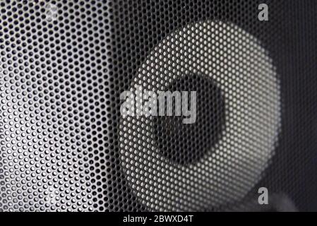 Loudsound Audio speaker grill, black metal texture. Stock Photo