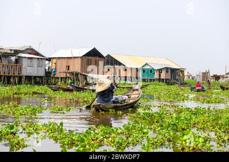 Africa, West Africa, Benin, Lake Nokoue, Ganvié. Pirogues in the water streets of the lakeside town of Ganvié. Stock Photo