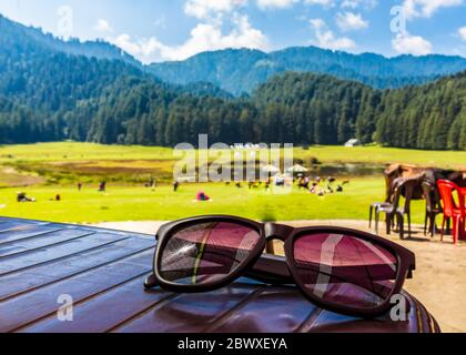 Khajjiar hill station in Chamba district, Himachal Pradesh, India, located 24 km from Dalhousie, Himachal Pradesh. Khajjiar is aka Mini Switzerland. Stock Photo