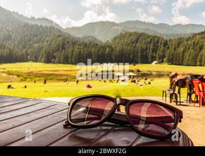 Khajjiar hill station in Chamba district, Himachal Pradesh, India, located 24 km from Dalhousie, Himachal Pradesh. Khajjiar is aka Mini Switzerland. Stock Photo