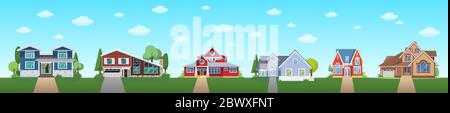 Modern cottage house set with blue sky and clouds. Real Estate ssite banner concept. Flat Vector illustration Stock Vector