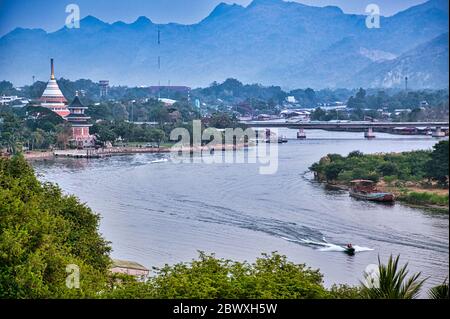 Landscape of Kanchanaburi with the River Kwai in Thailand Stock Photo