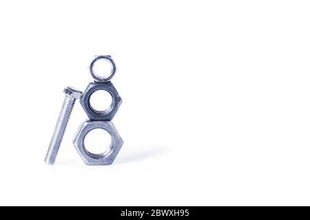 Nuts and bolt on white background, wrong tool for the job idea, put the right man on the right job concept Stock Photo