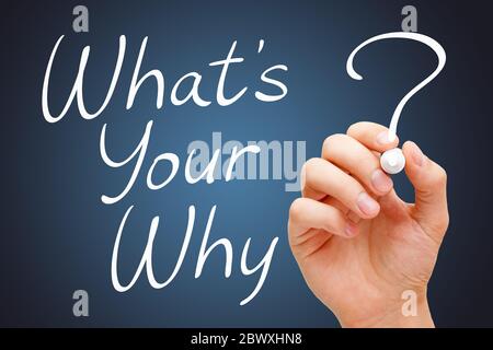 Hand writing existential question What is your Why with white marker over dark blue background. Purpose concept. Stock Photo