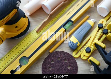 On table are new tools carpenter and designer Stock Photo