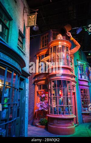 Fred and George Weasley's, Weasleys' Wizard Wheezes shop At Warner Bros. Studio Tour London – The Making of Harry Potter, London, studio tour Stock Photo