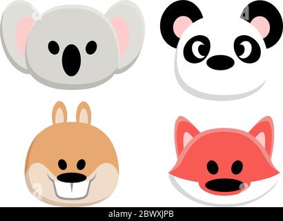 Set of four animal faces: koala bear, panda, squirrel and fox Stock Vector