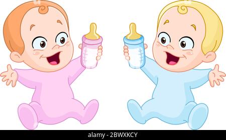 Happy baby girl and baby boy holding bottles Stock Vector